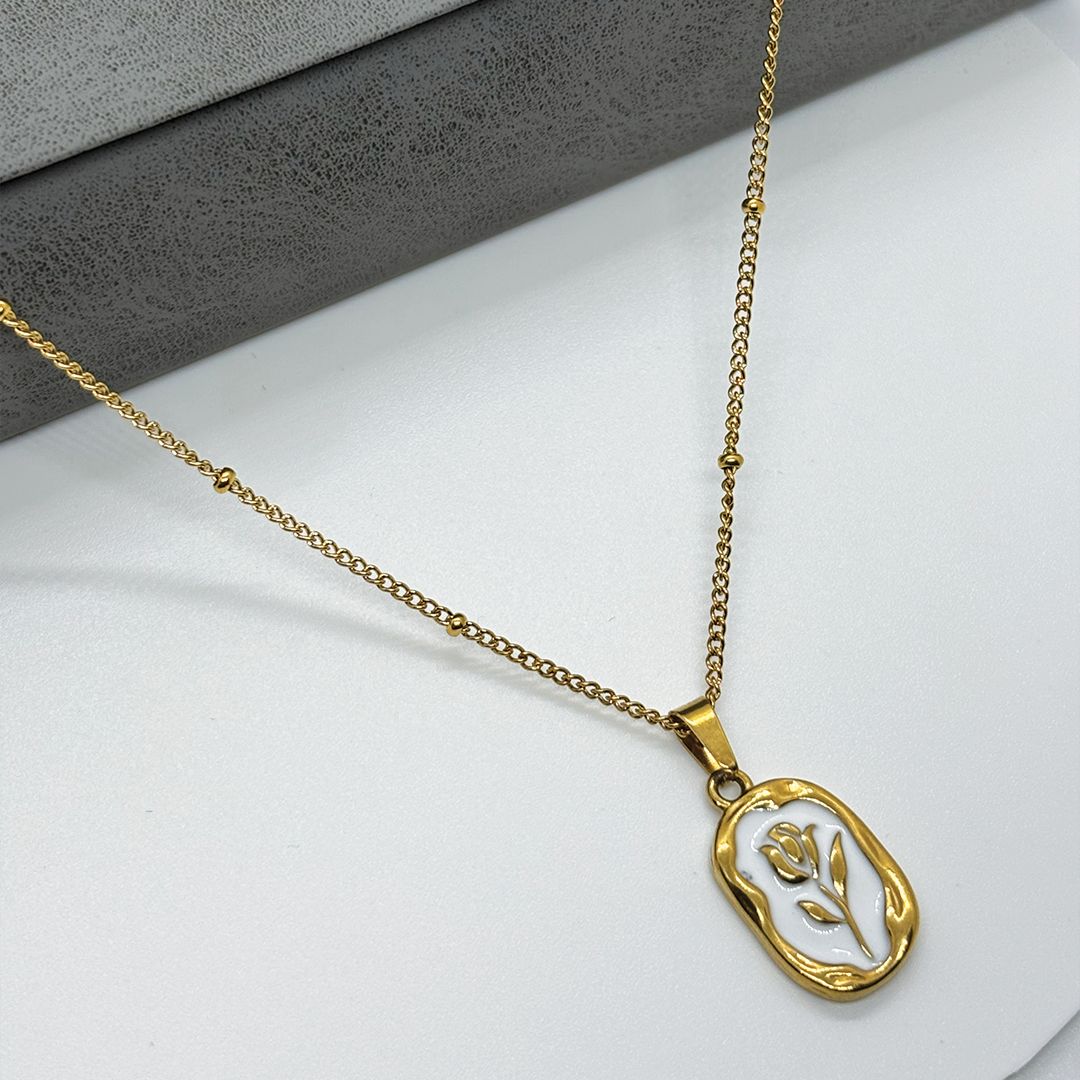 Pearl Enamel Rose Pendant Necklace