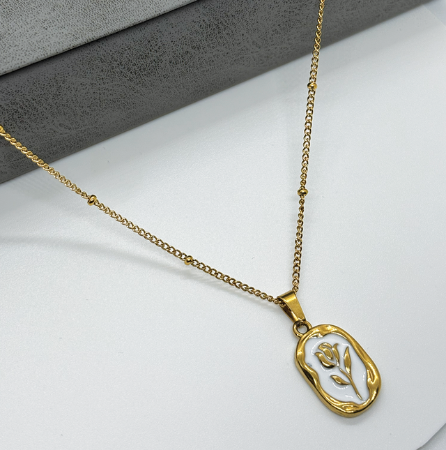 Pearl Enamel Rose Pendant Necklace